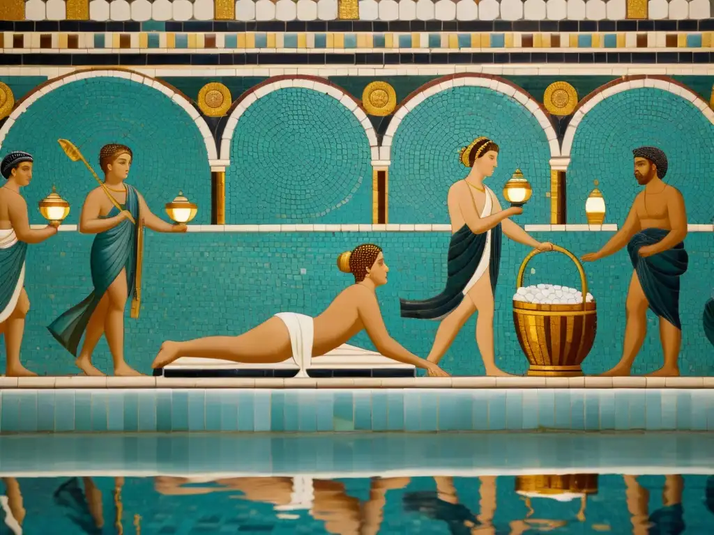 Un mosaico romano antiguo representa rituales de spa para transformación personal en un lujoso baño