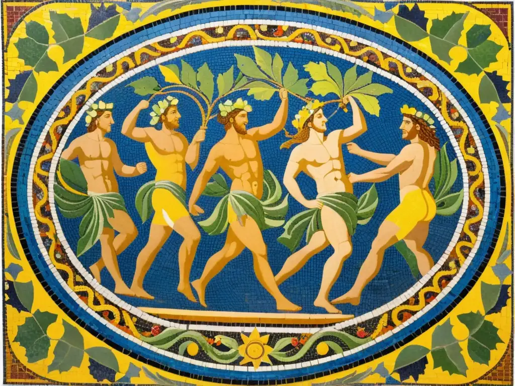 Un mosaico vibrante que captura la energía frenética de los rituales dionisíacos romanos secretos, con figuras danzantes y colores ricos