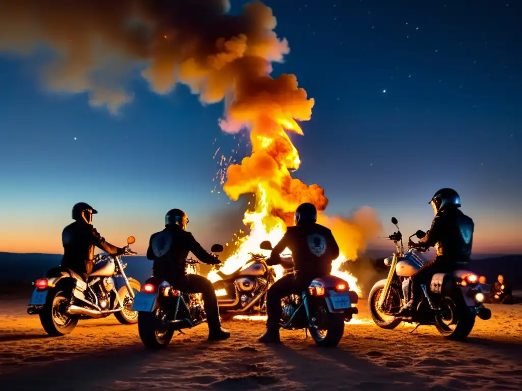 Motociclistas realizan rituales de hermandad alrededor de una fogata en la noche estrellada