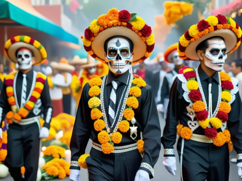 Procesión del Día de los Muertos en México: coloridos maquillajes y vestimentas festivas, honrando a sus seres queridos fallecidos