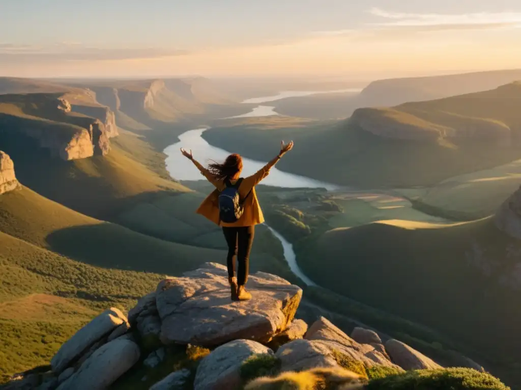 Una mujer en un acantilado con los brazos abiertos, empoderamiento personal en la naturaleza al atardecer