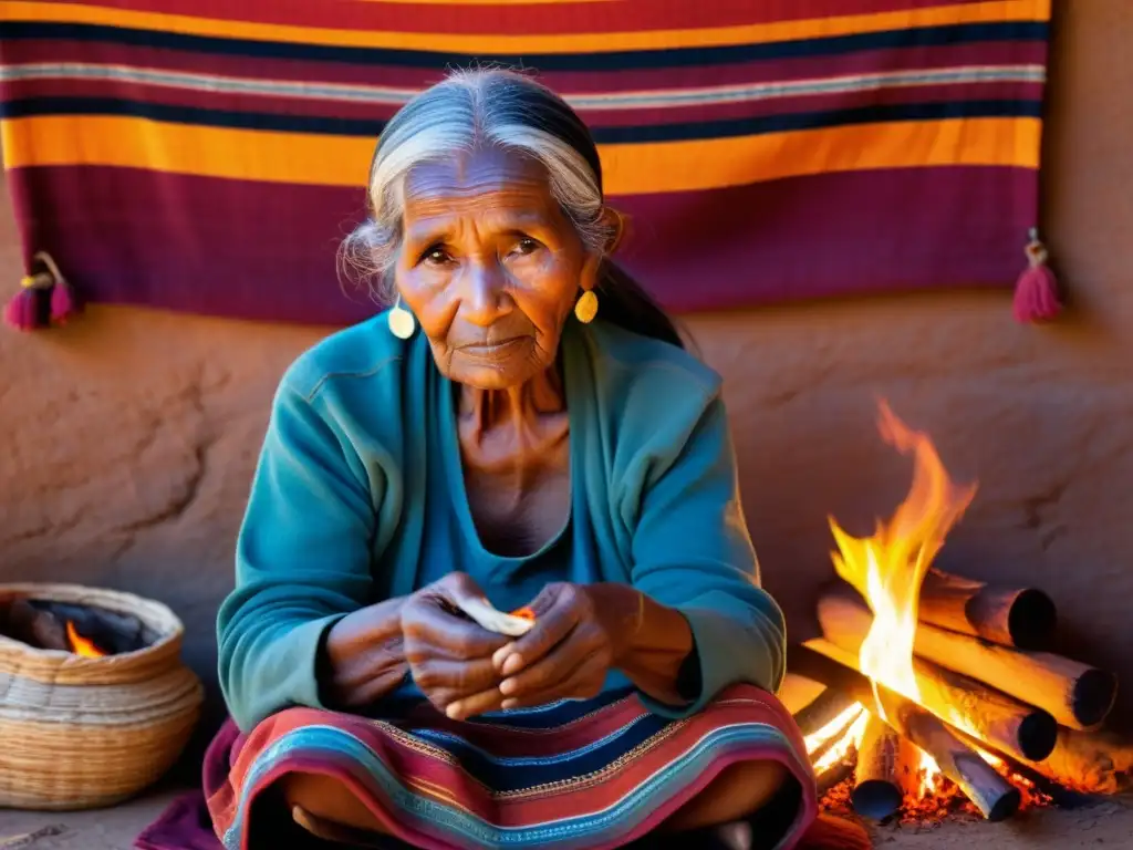 Una mujer anciana de una comunidad tribal teje una vibrante tapicería con patrones e símbolos, rodeada por el cálido resplandor de las llamas