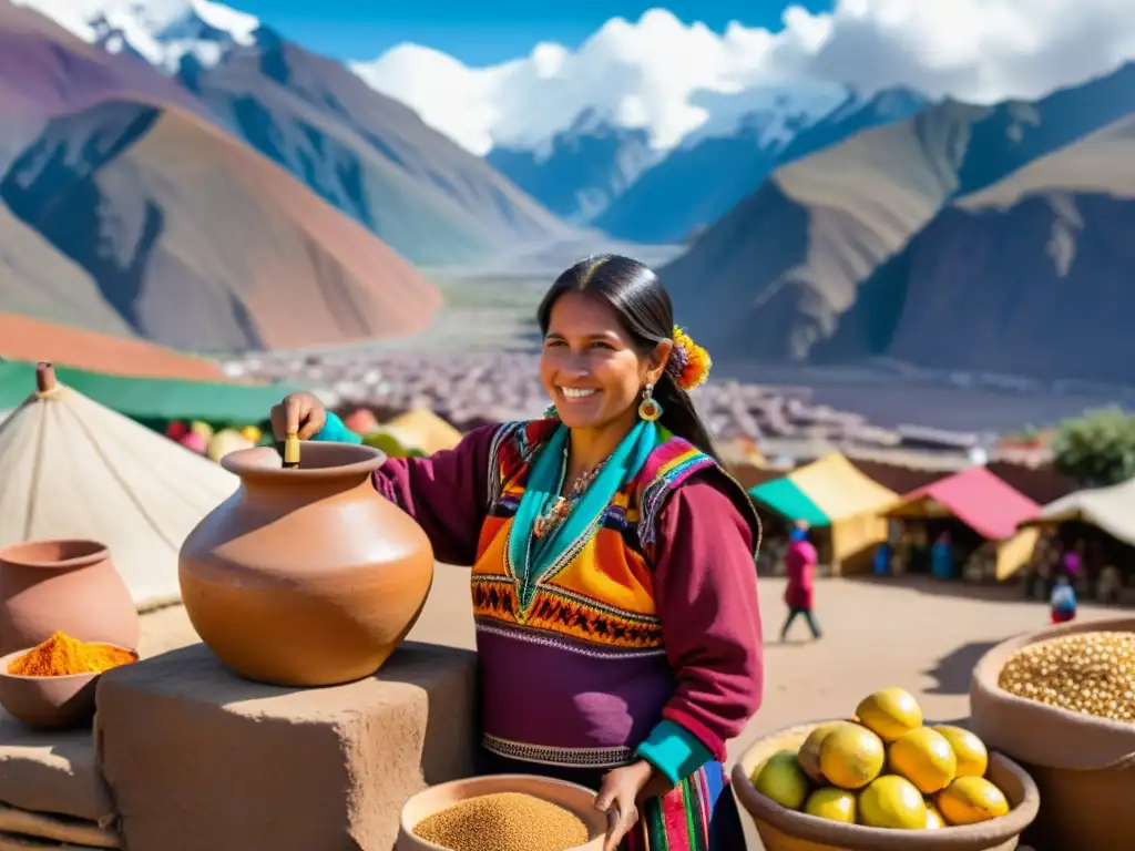 Una mujer andina vierte chicha dorada en una taza, rodeada de frutas y granos en un mercado