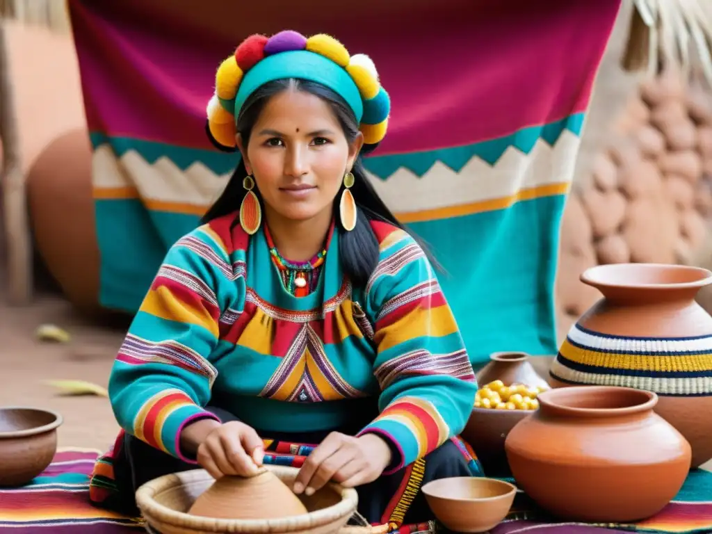 Una mujer andina elaborando chicha en festividades incaicas, rodeada de textiles vibrantes y paisaje andino