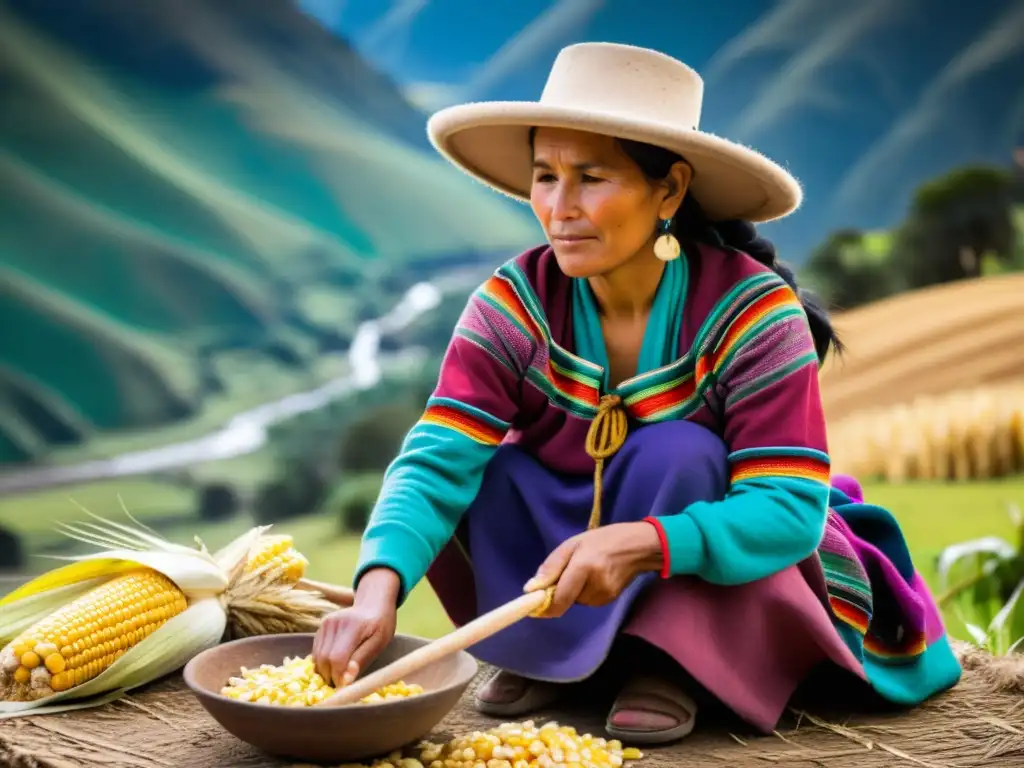 Una mujer andina elabora chicha rodeada de montañas