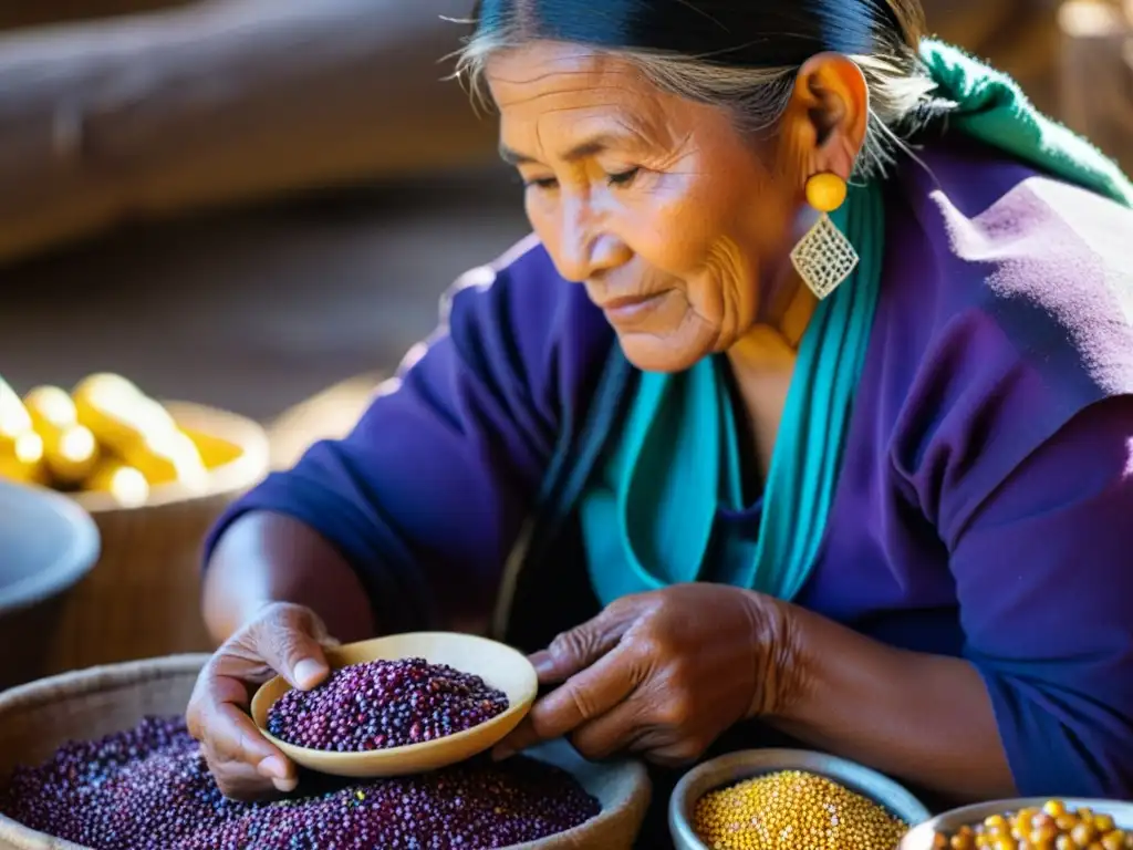 Una mujer andina seleccionando y lavando maíz morado para la elaboración de Chicha Andina Festividades Incaicas, transmitiendo tradición y maestría