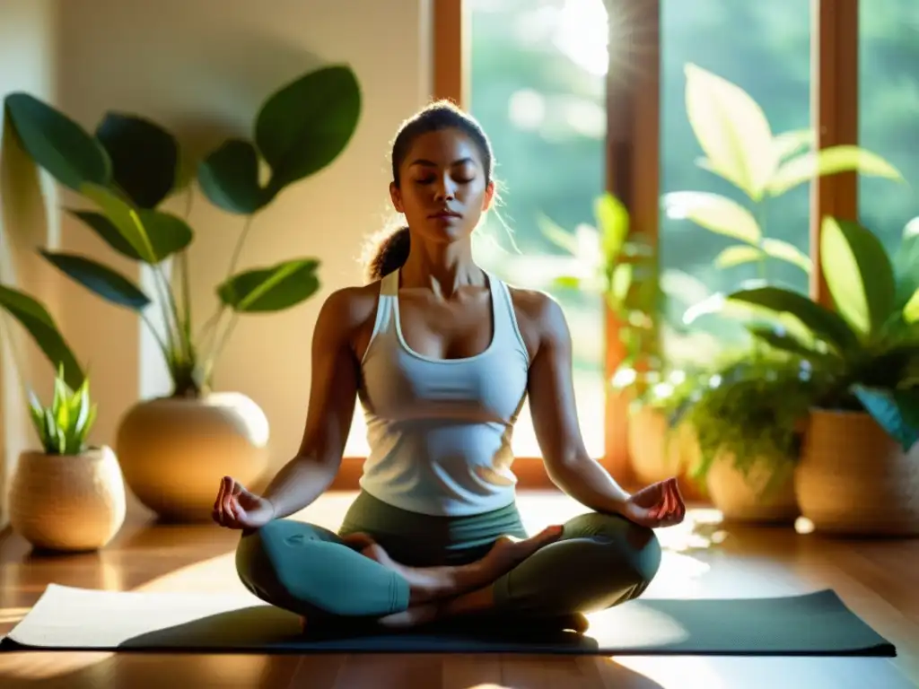 Una mujer en calma practica yoga en un espacio naturalmente iluminado, rodeada de plantas