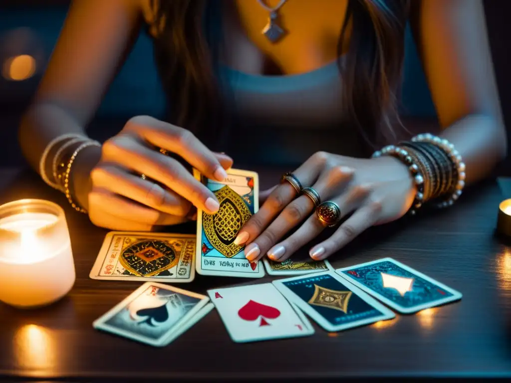 Una mujer mezcla cartas de Tarot con anillos y pulseras en un ambiente místico