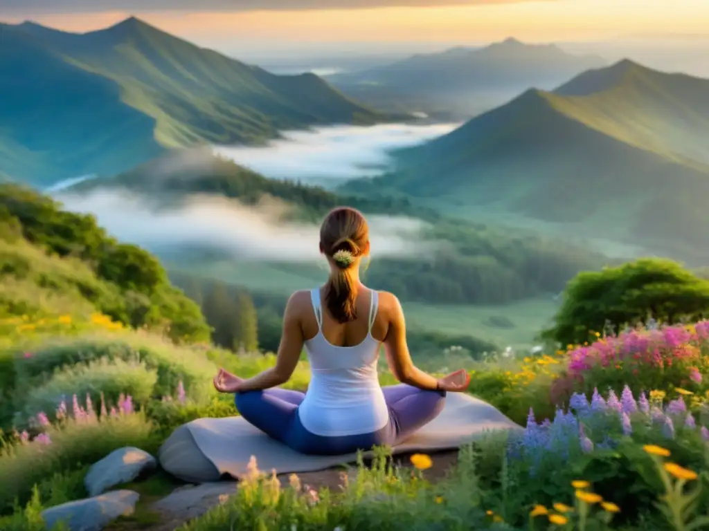 Una mujer practica yoga al amanecer en la cima neblinosa de una montaña, rodeada de exuberante vegetación y flores silvestres