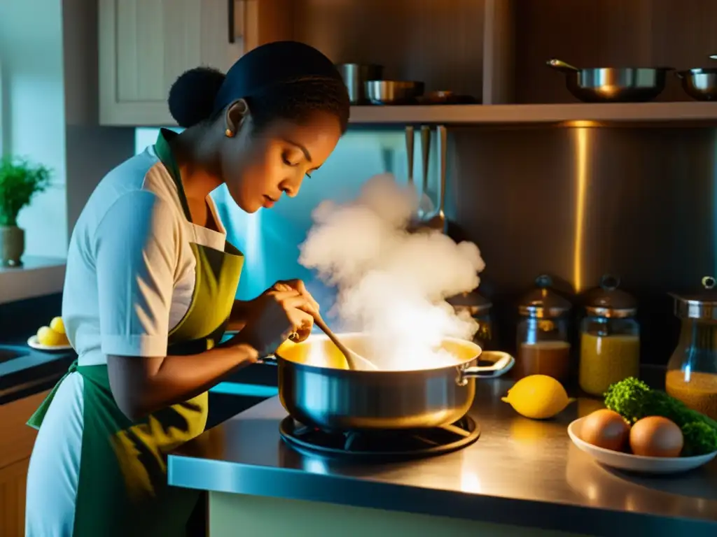 Una mujer concentrada vierte líquido en un bol en una cocina acogedora, revelando el significado oculto de rituales cotidianos