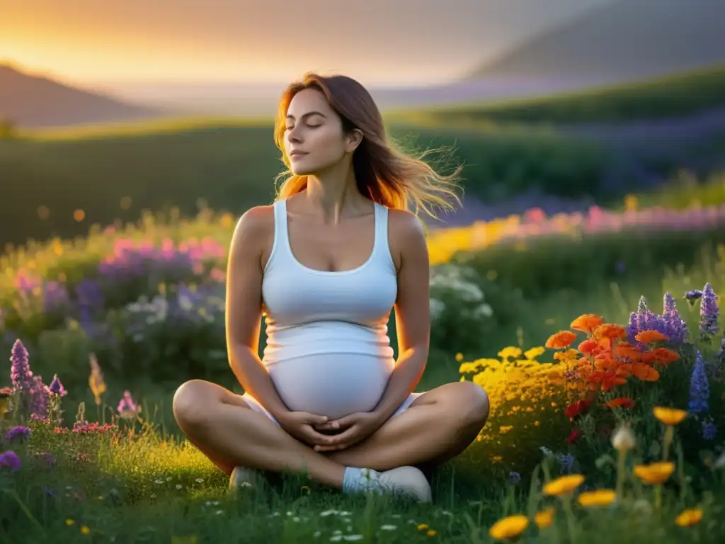 Mujer en conexión con la naturaleza, rodeada de flores silvestres, reflejando armonía y renovación cíclica