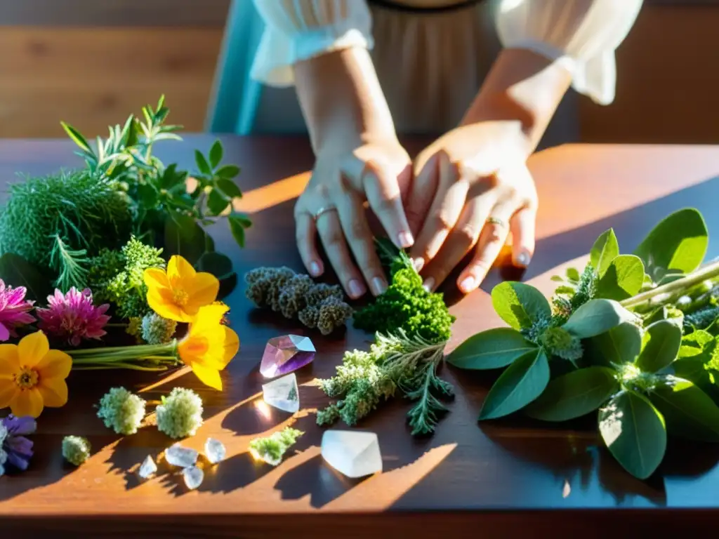 Una mujer arregla con delicadeza hierbas, flores y cristales en un ritual de limpieza espiritual en casa, emanando serenidad y reverencia