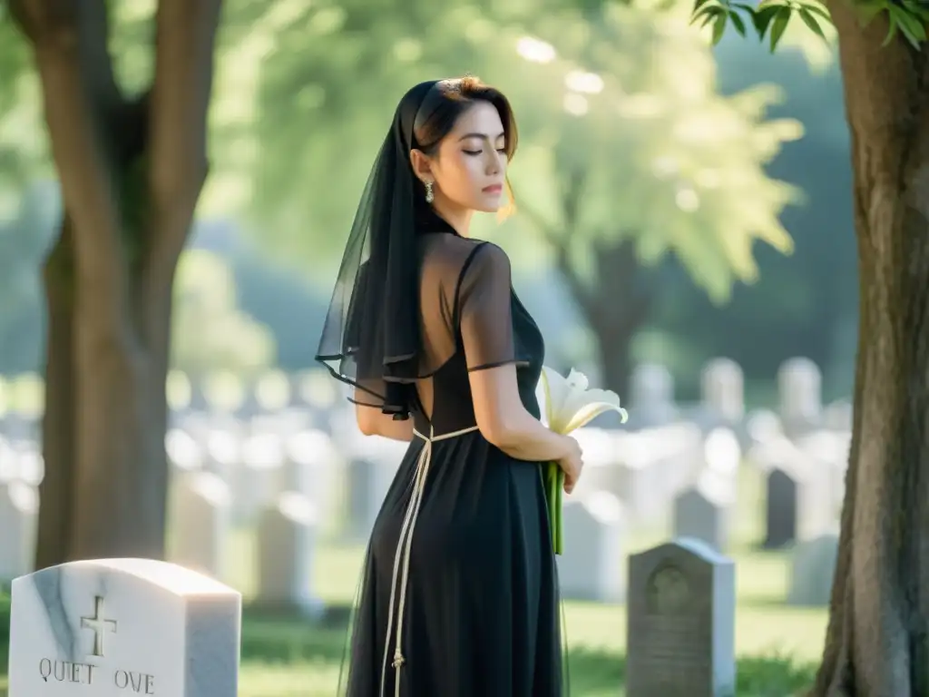 Una mujer elegante en un cementerio, con un vestido negro y velo, sostiene un lirio blanco