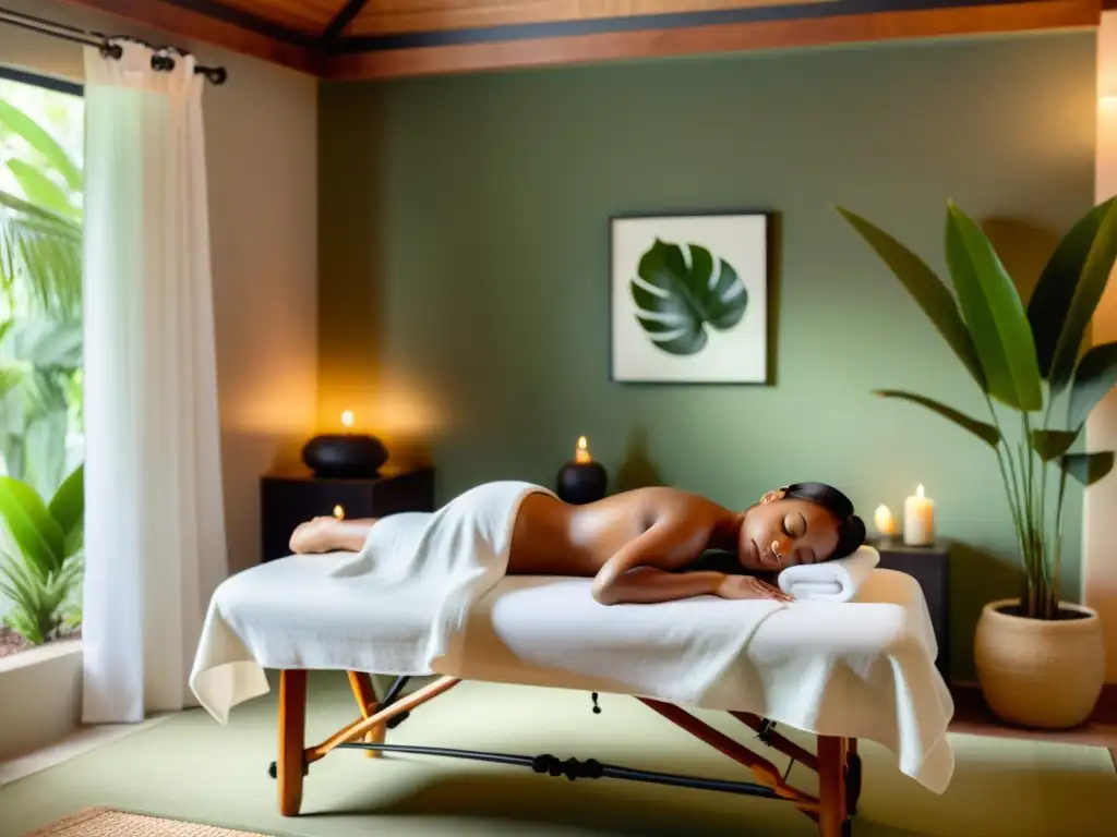 Una mujer relajándose en una habitación de spa con luz suave y plantas, recibiendo un masaje con piedras calientes