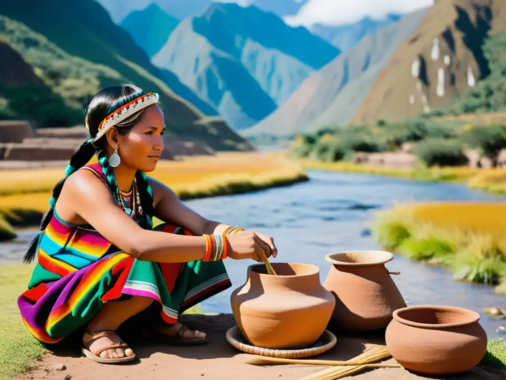 Una mujer inca tradicional elaborando chicha andina junto a las montañas