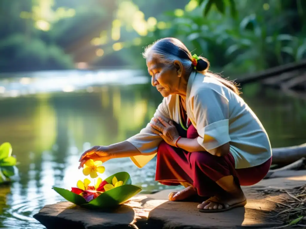 Una mujer indígena anciana realiza un ritual de preservación de agua sagrada, liberando pétalos al río cristalino entre la exuberante naturaleza