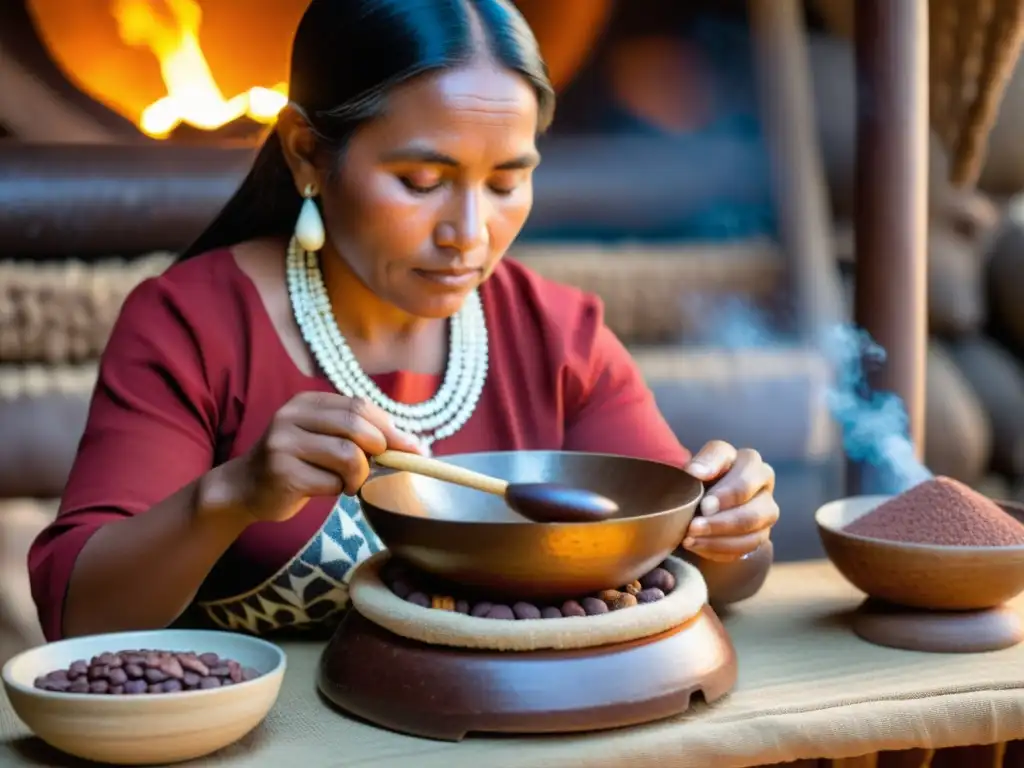 Una mujer indígena muele cacao en una ceremonia ancestral