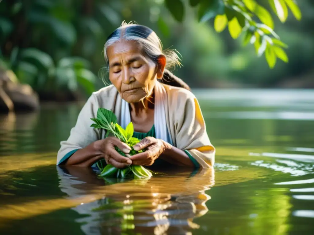 Una mujer indígena mayor realiza rituales de purificación en culturas aborígenes, lavando su rostro con hierbas en un río rodeado de exuberante vegetación