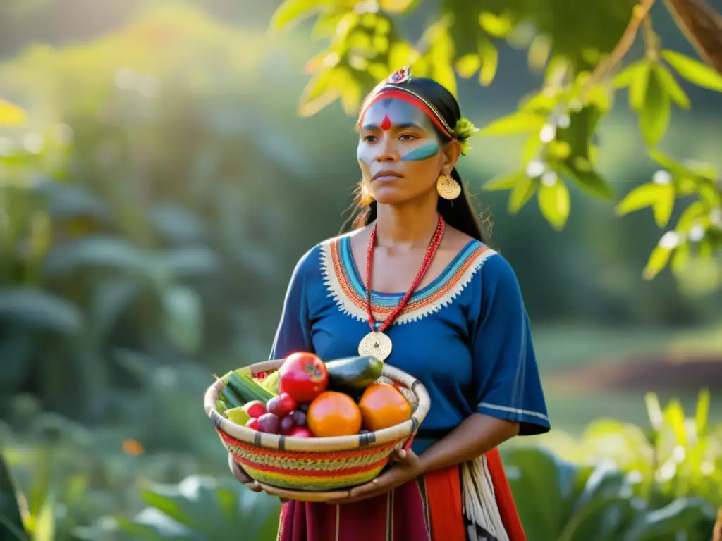 Una mujer indígena realiza un ritual de fertilidad rodeada de naturaleza, sosteniendo una canasta de productos frescos