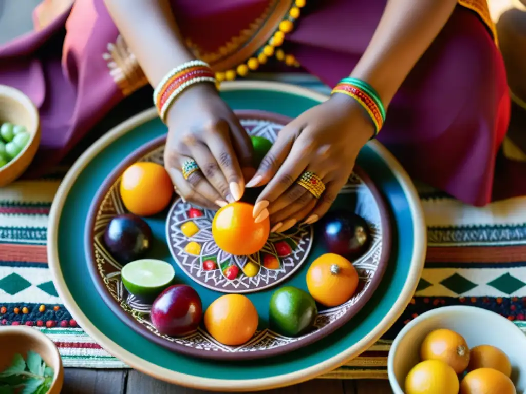 Una mujer indígena tradicional arregla frutas, verduras y granos en un plato ceremonial, evocando riqueza cultural y sabiduría ancestral