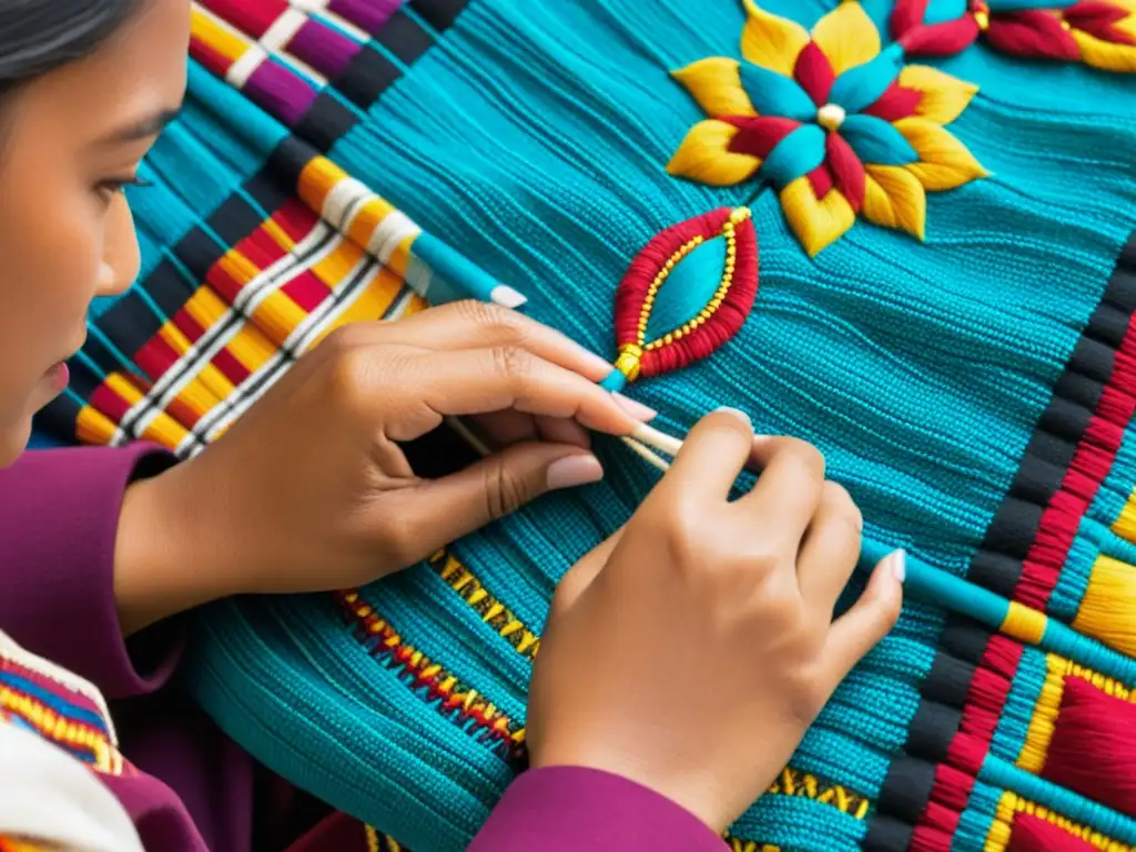 Una mujer indígena Tukano teje patrones en un textil multicolor, reflejando la herencia cultural de los textiles ceremoniales indígenas amazónicos