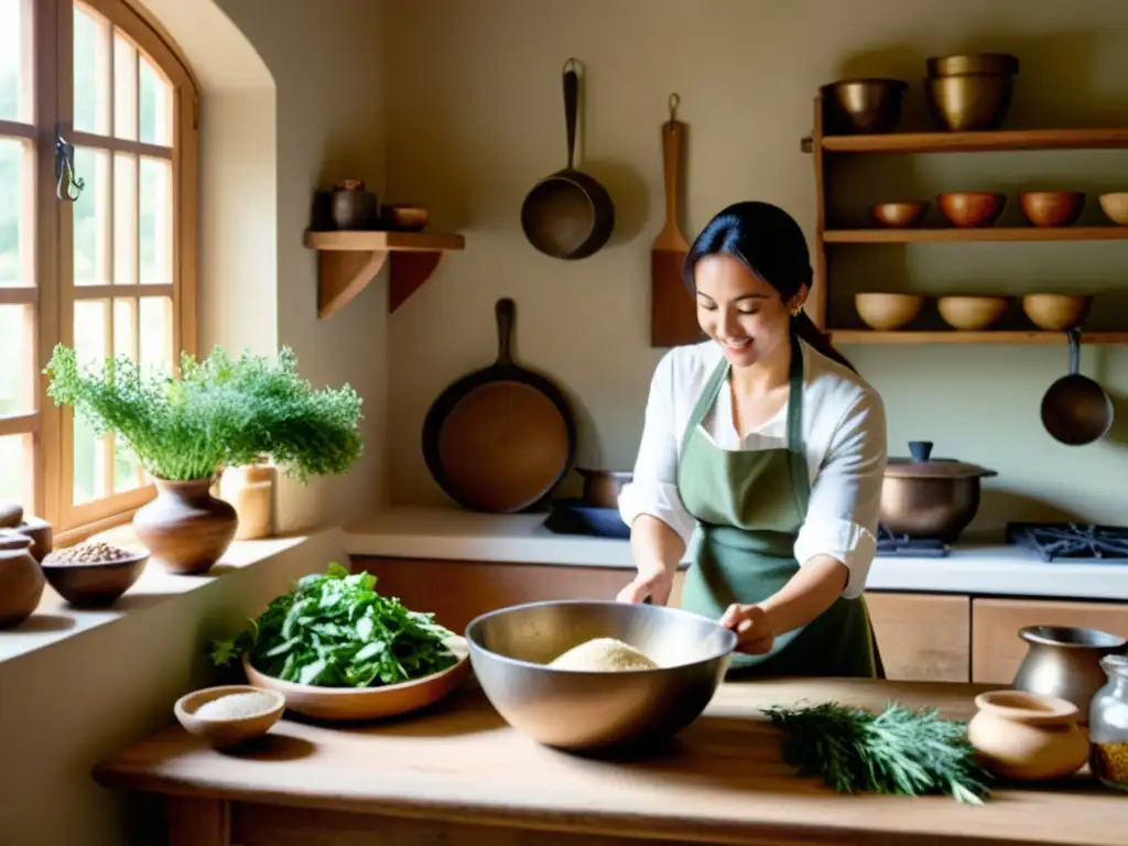 Una mujer prepara masa en una cocina tradicional con ingredientes frescos, utensilios de cobre y un gato en la ventana