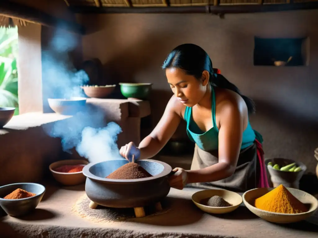 Una mujer maya prepara chocolate en una cocina tradicional, capturando el significado y simbolismo de la cocina alquímica