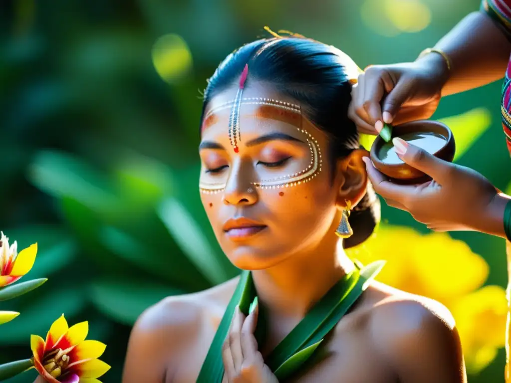 Una mujer maya realiza un ritual de belleza con aloe vera y miel, rodeada de exuberante vegetación y flores