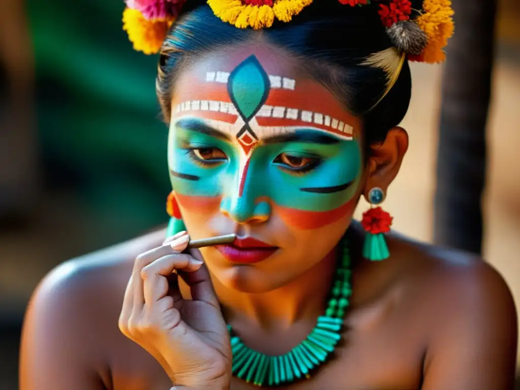 Una mujer maya realiza un ritual de belleza, aplicando pigmentos naturales con concentración