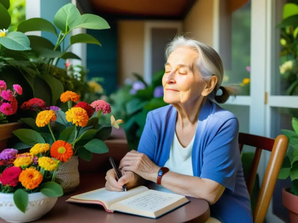 Una mujer mayor se sienta en el balcón soleado, rodeada de naturaleza exuberante y flores coloridas, meditando con rituales de afirmaciones positivas