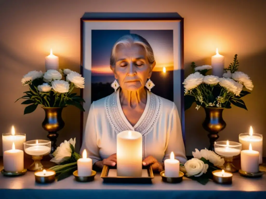 Una mujer mayor reflexiona frente a un altar decorado con velas, flores y recuerdos personales, transmitiendo una serena práctica personal de luto