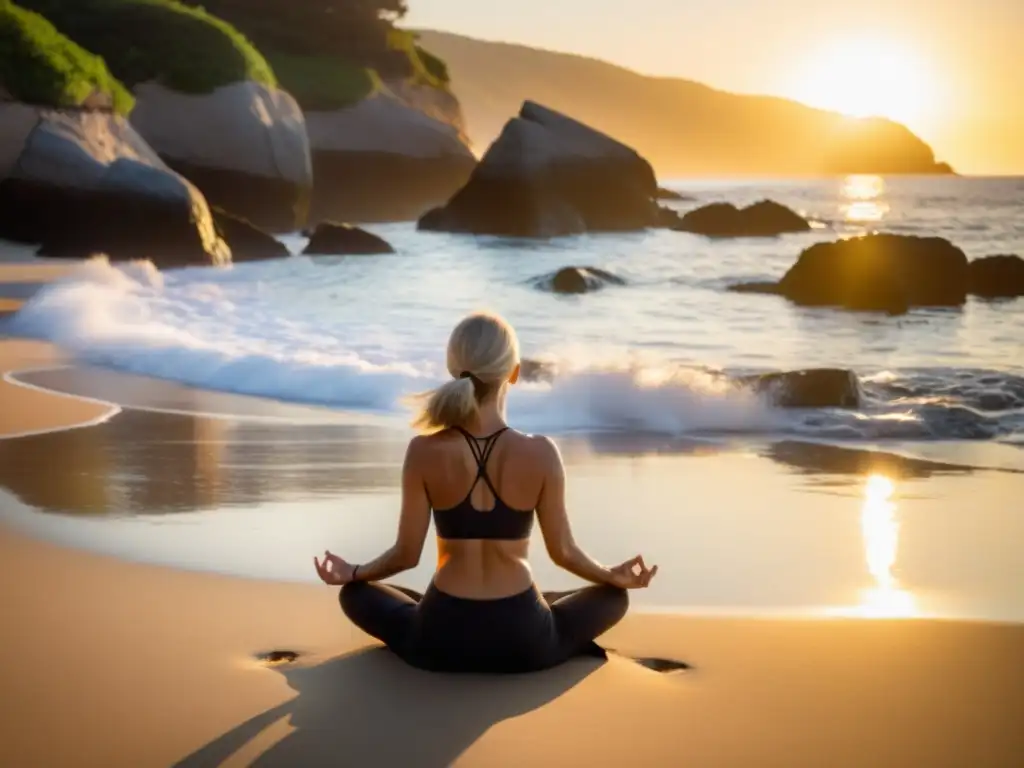 Una mujer mayor practica yoga en la playa al amanecer, reflejando renovación y serenidad en su jubilación