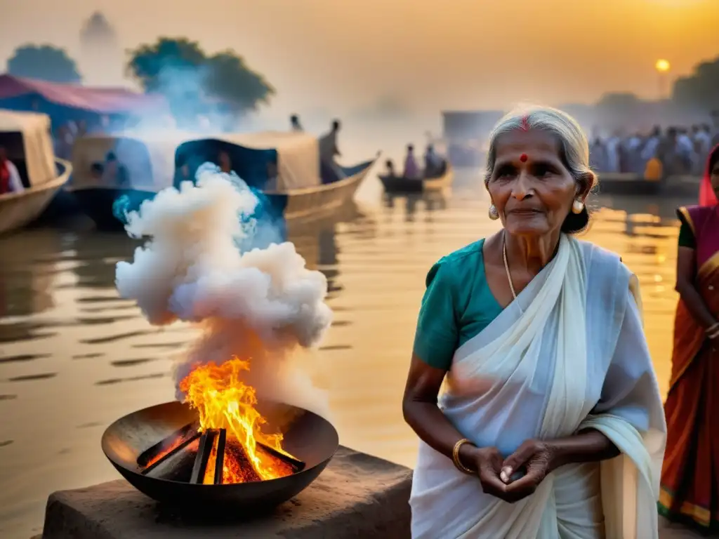 Una mujer mayor con un sari blanco tradicional de pie junto al río Ganges, rodeada de humo de una pira funeraria