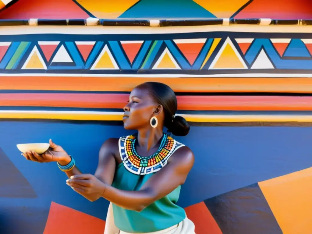 Una mujer Ndebele pintando patrones geométricos en una choza de barro con orgullo cultural y destreza artística