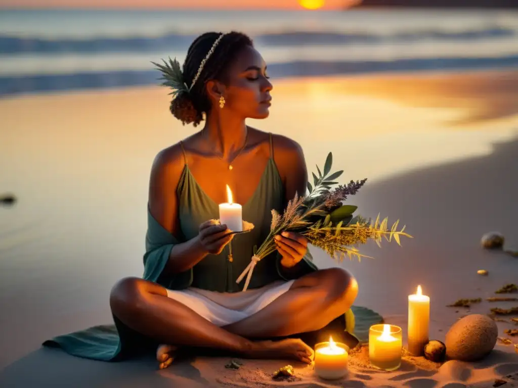 Una mujer realiza un ritual de transición en la playa al atardecer, rodeada de velas y humo de salvia