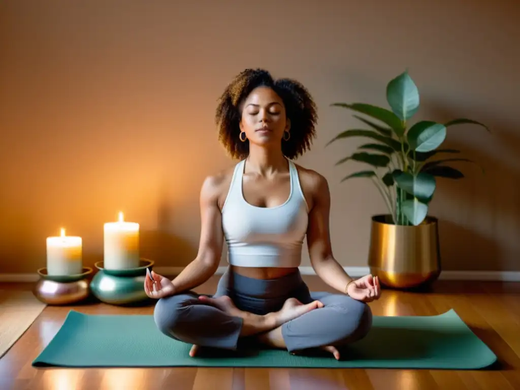 Una mujer en meditación rodeada de cuencos, chimes y otros instrumentos de terapia de sonido para rituales, creando una atmósfera de paz y relajación