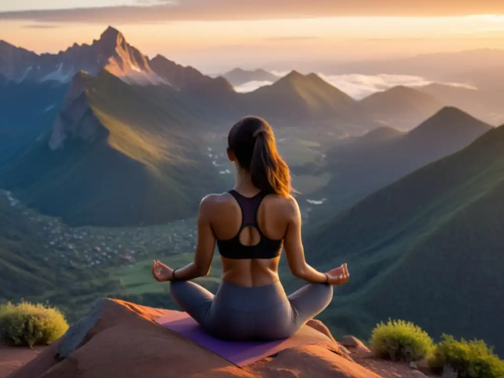 Yoga al Amanecer: Paz Interior en la Cima Una mujer en ropa deportiva practica yoga al amanecer en la cima de una montaña, con movimientos gráciles que reflejan paz interior y bienestar
