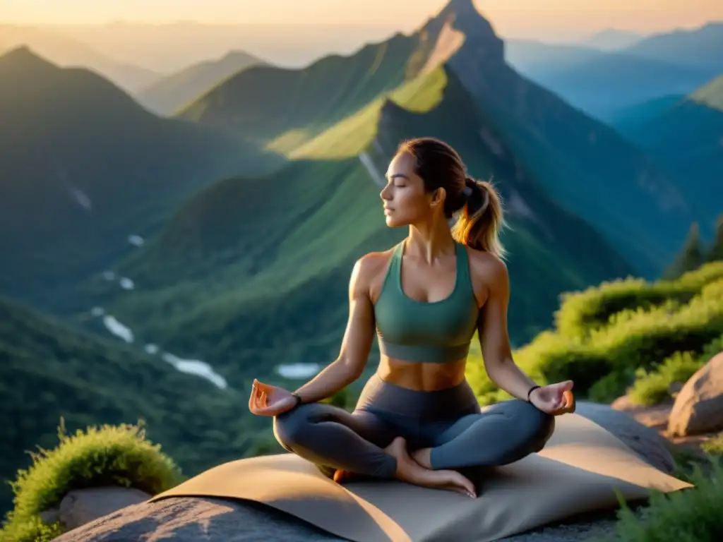 Yoga al amanecer: serenidad en la montaña 'Mujer en ropa de yoga practica en montaña al amanecer, rodeada de naturaleza