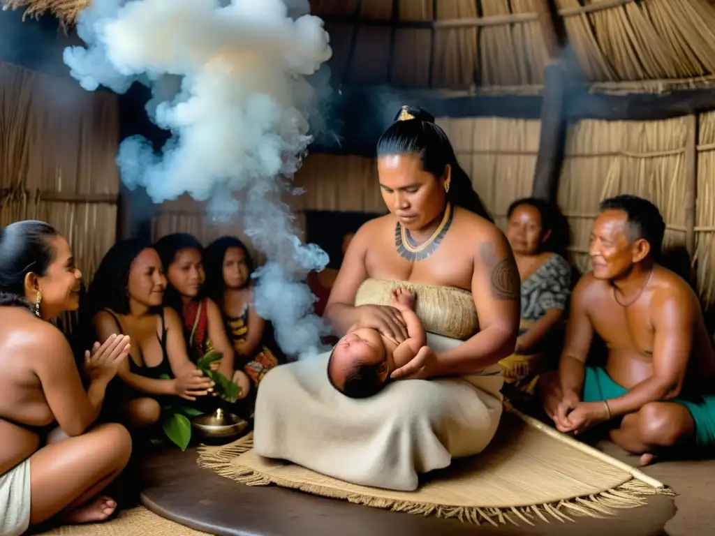 Una mujer samoana realiza un ritual de nacimiento sagrado en una choza tradicional, rodeada de familiares y ancianos de la comunidad