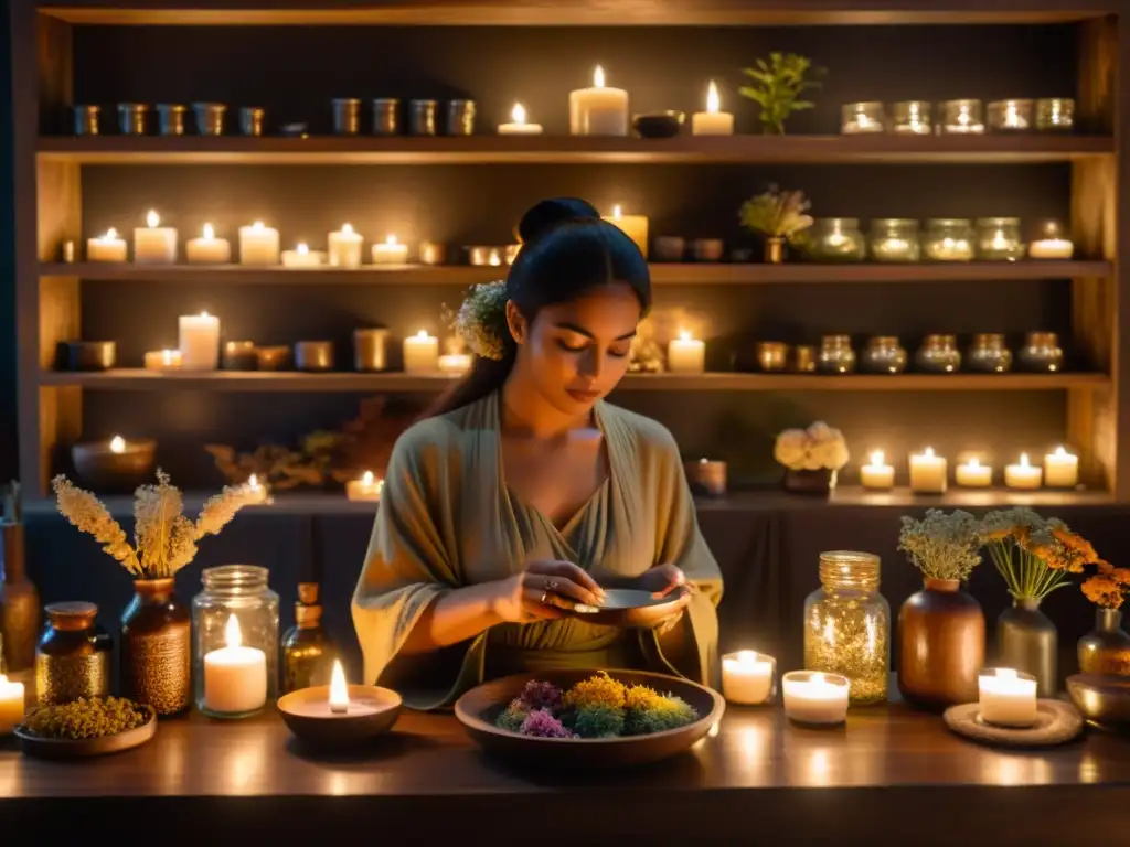 Una mujer en túnicas prepara rituales mágicos amor prosperidad protección en una habitación misteriosa iluminada por velas