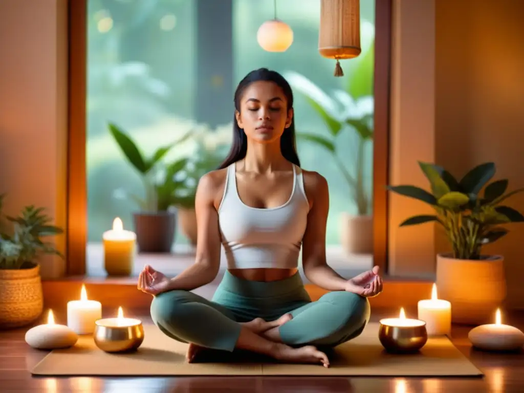 Una mujer medita entre velas, incienso y plantas, vistiendo ropa cómoda en un ambiente tranquilo