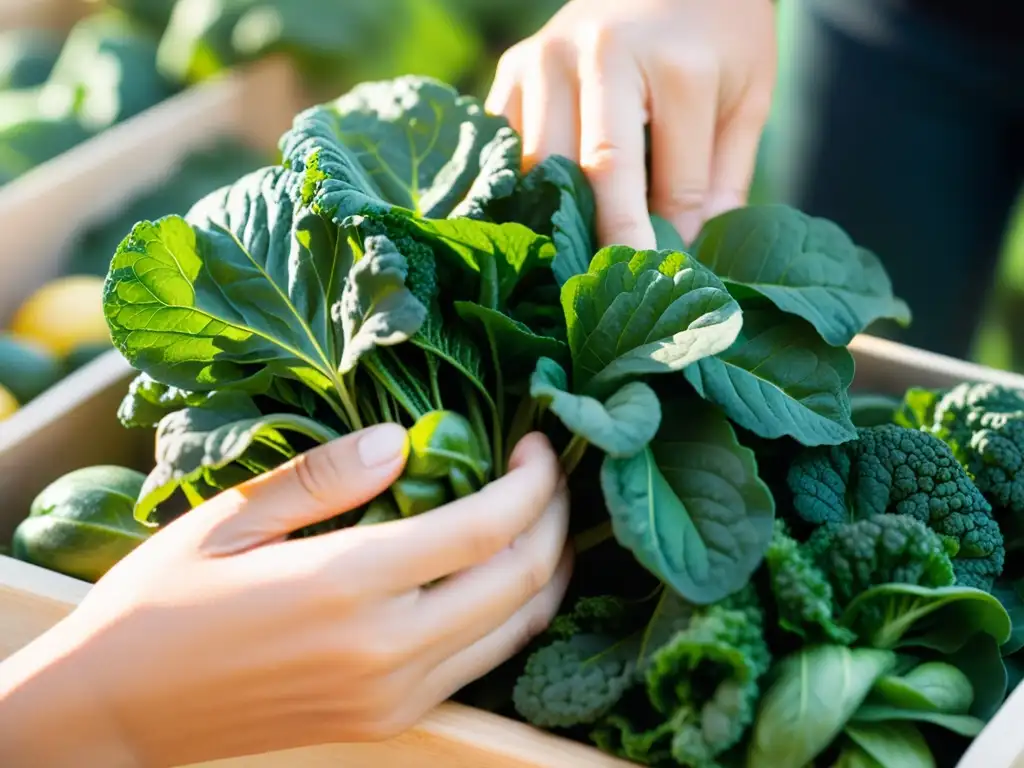 Una mujer selecciona delicadamente verduras orgánicas en un mercado, bañada por la cálida luz matutina