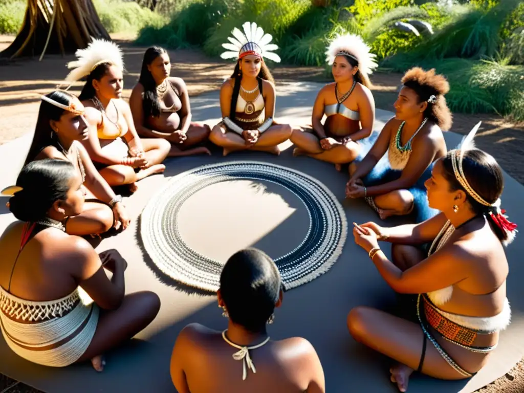 Mujeres aborígenes crean headdresses en ceremonias de transición cultura aborigen, rodeadas de elementos naturales en un ambiente cálido y etéreo