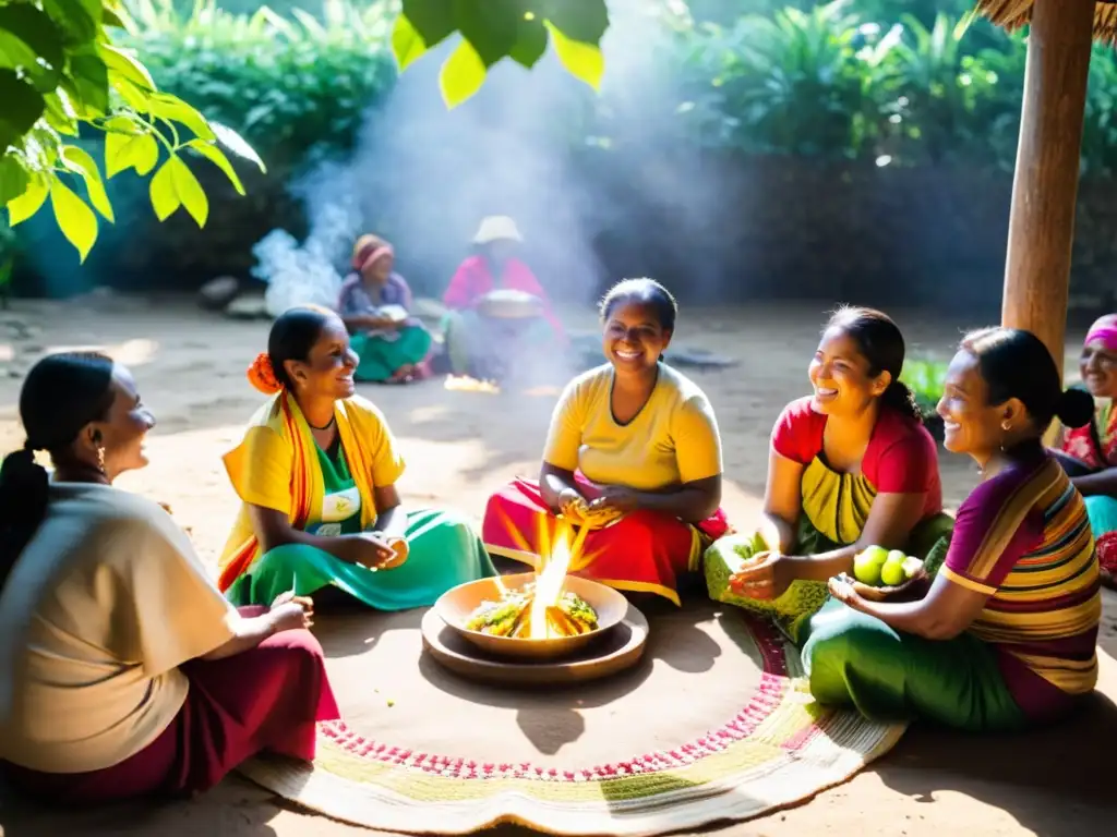 Mujeres preparando alimentos rituales en celebraciones de la vida, rodeadas de naturaleza, compartiendo historias y risas en comunidad