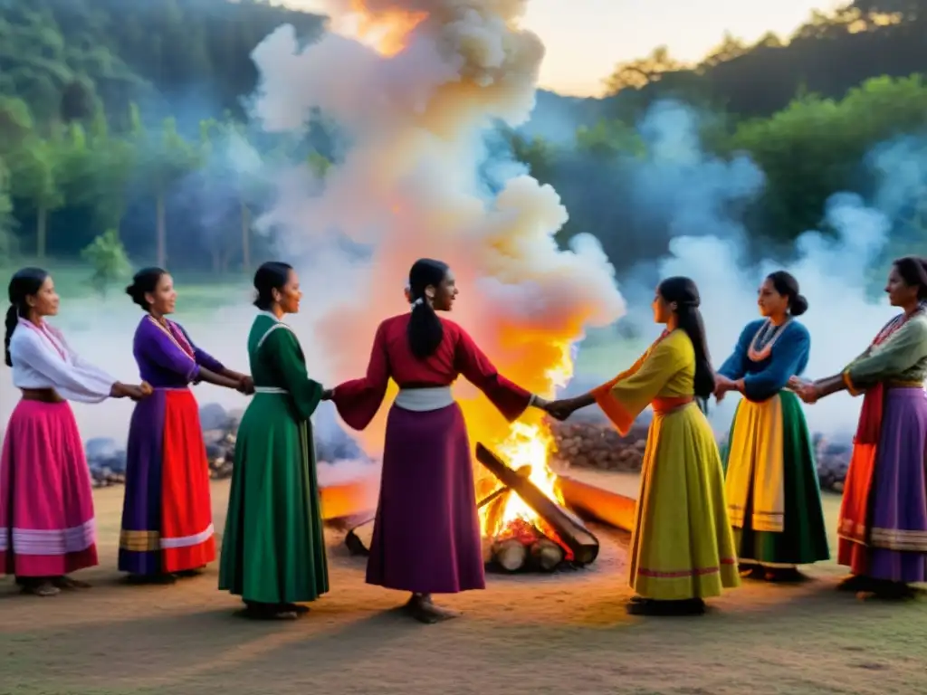 Mujeres en círculo alrededor del fuego, vistiendo ropa tradicional