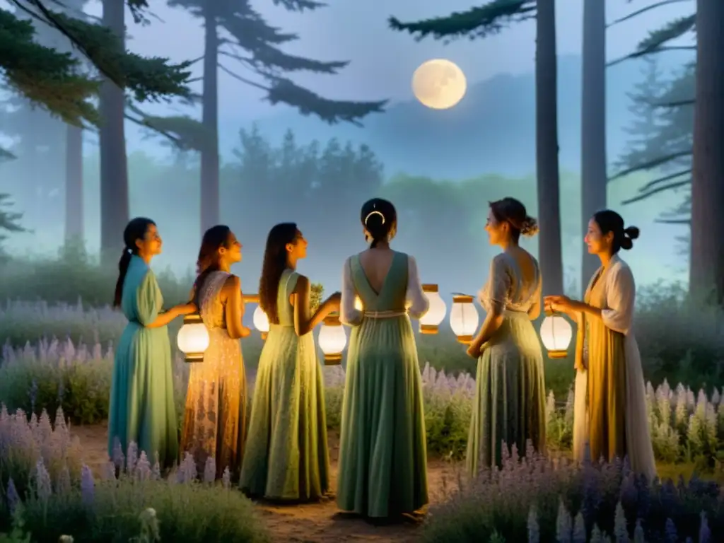 Mujeres en círculo realizando un ritual de luna nueva en la naturaleza, con vestimenta terrosa y expresiones serenas