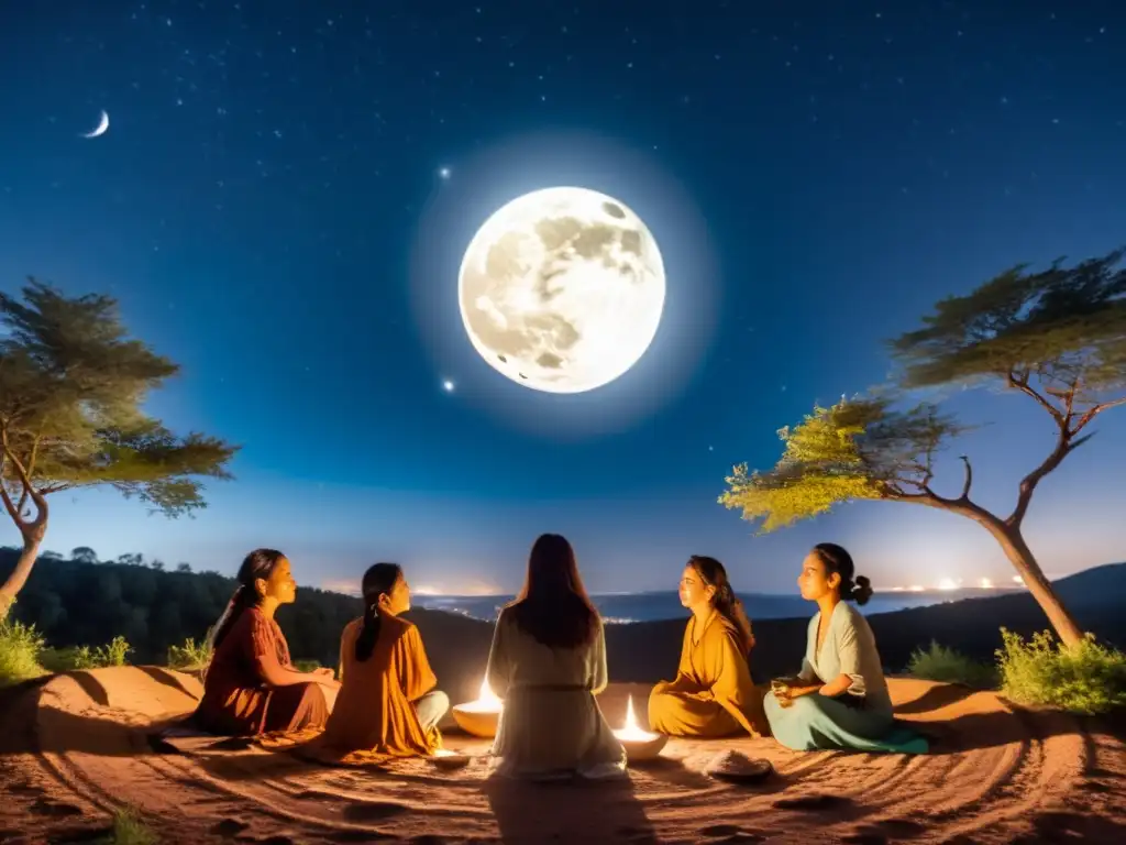 Mujeres en círculo realizando rituales de la Luna en Culturas bajo el cielo nocturno entre árboles