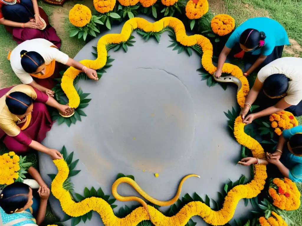 Mujeres con saris coloridos y tatuajes de henna participan en un ritual de adoración de serpientes en India, ofreciendo leche y miel