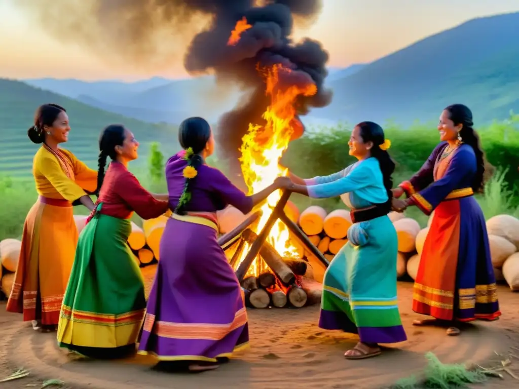 Mujeres danzando alrededor del fuego en ritual de fertilidad, con trajes coloridos y expresiones alegres