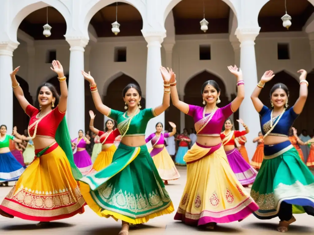 Mujeres danzando Garba con devoción en el festival Navratri, creando una escena vibrante y emocionante